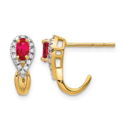 14k 5x3mm Oval Ruby and Diamond J-Hoop Post Earrings