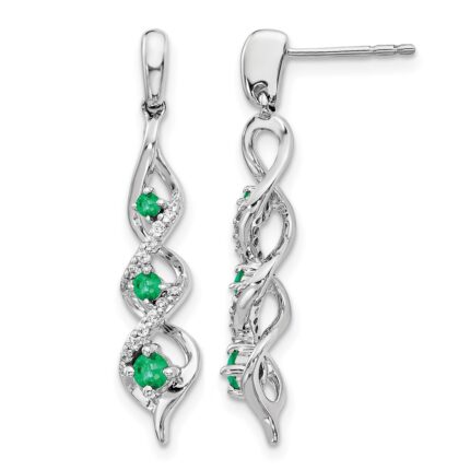 14k White Gold Diamond and Emerald Twisted Post Dangle Earrings