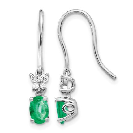 14k White Gold 6x4mm Oval Emerald and Diamond Shepherd Hook Earrings