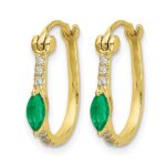 14k 1/20 carat Diamond and 5x2.5mm Marquise Emerald Hinged Hoop Earrings - Image 2