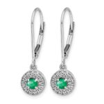 14k White Gold Diamond Halo and Emerald Leverback Dangle Earrings - Image 2