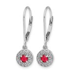 14k White Gold Diamond Halo and Ruby Leverback Dangle Earrings - Image 2