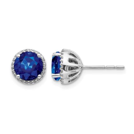 14k White Gold 6mm Round Sapphire and Diamond Halo Post Earrings
