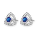 14k White Gold 3.5mm Round Blue Sapphire and Diamond Triangle Post Earrings - Image 2