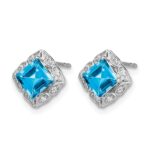 14k White Gold Square Blue Topaz and Diamond Earrings - Image 2