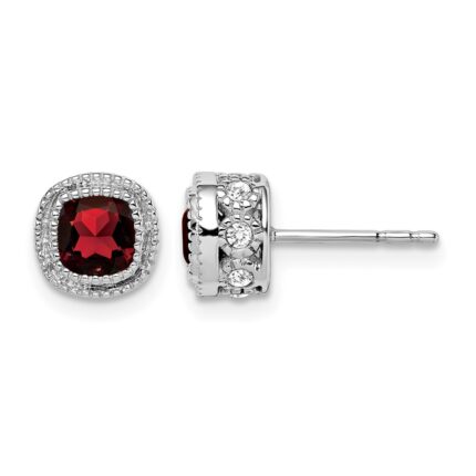 14k White Gold Cushion Garnet and Diamond Earrings