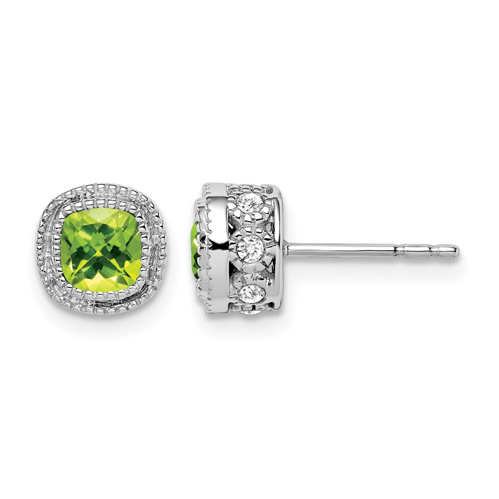 EM7092-PE-019-WA.jpg 14k White Gold Cushion Peridot and Diamond Earrings - Image 1