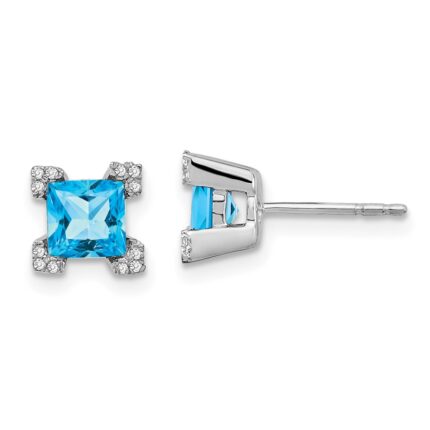 14k White Gold Square Blue Topaz and Diamond Earrings
