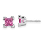 14k White Gold 5mm Princess Lab Created Pink Sapphire and Diamond Corners Post Earrings
