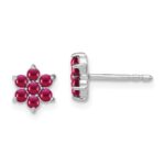 14k White Gold Ruby Cabochon Floral Post Earrings