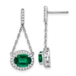 14k White Gold 8x6mm Oval Lab Created Emerald and Diamond Chain Dangle Post Earrings
