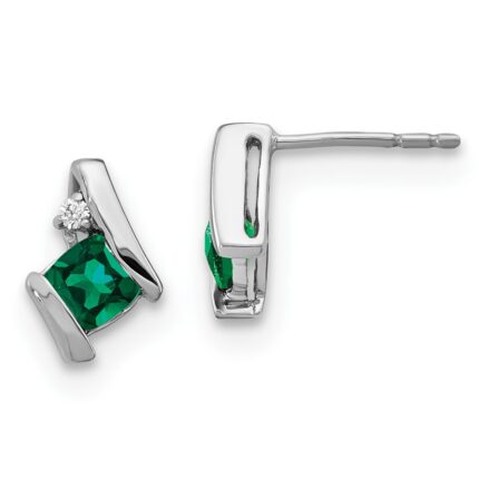 14k White Gold 4mm Cushion May/Lab Created Emerald and Diamond Post Earrings