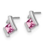 14k White Gold 4mm Cushion October/Lab Created Pink Sapphire and Diamond Post Earrings - Image 2