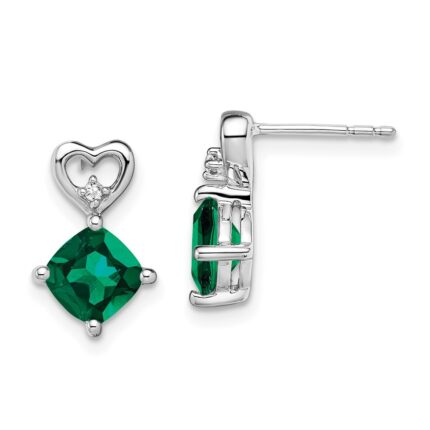 14k White Gold 6mm Cushion May/Lab Created Emerald and Diamond Heart Post Earrings