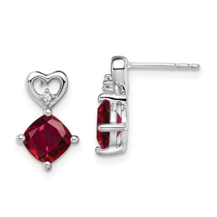 14k White Gold 6mm Cushion July/Lab Created Ruby and Diamond Heart Post Earrings