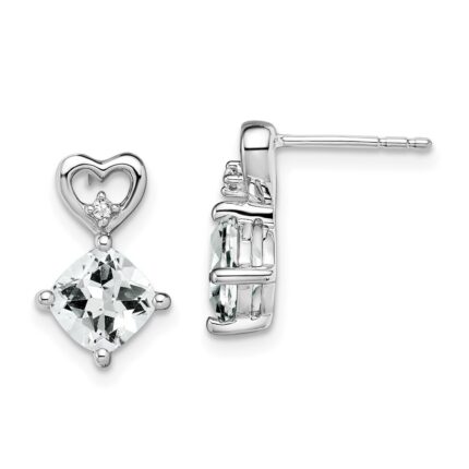 14k White Gold 6mm Cushion April/White Topaz and Diamond Heart Post Earrings