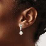 14k White Gold 6-7mm White Round Freshwater Cultured Pearl and .34 carat Diamond Dangle Post Earrings - Image 3