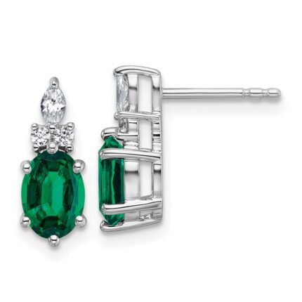 14K White Gold Diamond and 7x5 Oval May/Lab Created Emerald Post Earrings