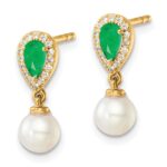 14K White Round Freshwater Cultured Pearl/.09 carat Diamond/Pear Emerald Dangle Post Earrings - Image 2