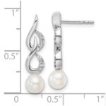 14K White Gold Polished 1/15 carat Diamond and White Freshwater Cultured Pearl Drop Post Earrings - Image 3