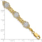 14k and White Rhodium Polished and Textured Fancy Floral Link 7.5 inch Bracelet - Image 3