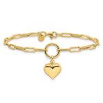 14K Polished Puffed Heart Dangle Paper Clip Link 7.25 inch Bracelet - Image 3