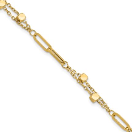 14K Polished Square Beads and Paperclip Link 7 inch Bracelet Plus 0.5 inch Extender
