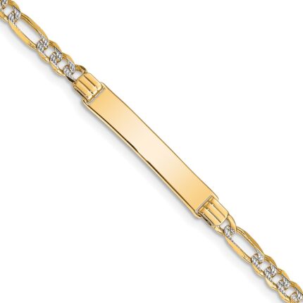 14k Polished with Rhodium Pav‚ Solid Chain/Solid Plate Figaro Link 25.5x5mm Plate ID Bracelet