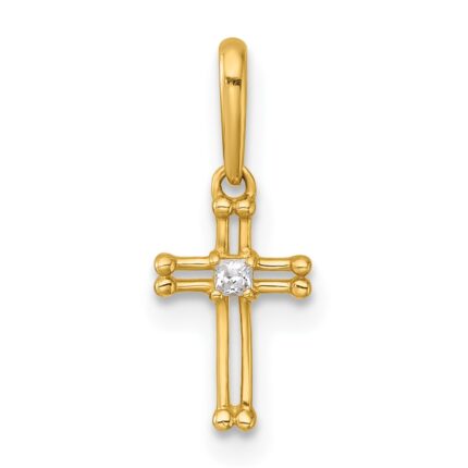 14k Madi K Polished and Beaded CZ Open Cross Childrens Charm / Pendant
