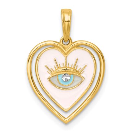 14k with White Rhodium Polished Multi Color Enamel Eye In Heart Charm