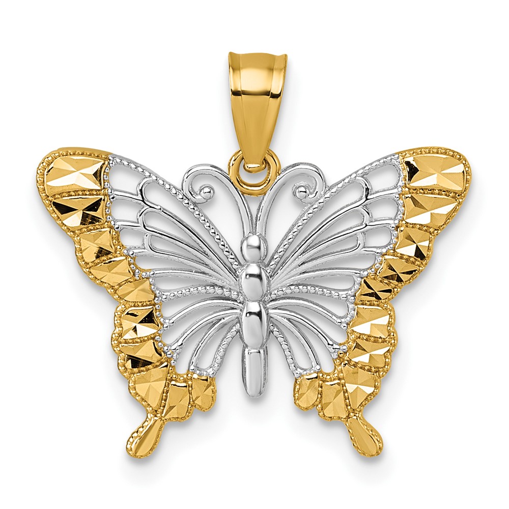 K10026.jpg 14k and Rhodium Diamond-cut Polished Cut-out Butterfly Pendant - Image 1