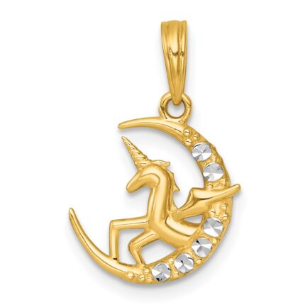 14k with White Rhodium Polished Unicorn In Moon Charm