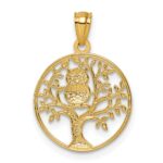14k and White Rhodium Textured Owl Sitting In Tree In Circle Pendant - Image 3