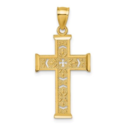 14k Polished Diamond-cut Textured Fancy Pierced Design Cross Pendant