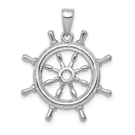 14K White Gold 3-D Ships Wheel Pendant