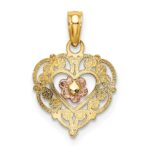 14K Two-tone Polished Flower in Fancy Border Heart Pendant - Image 3