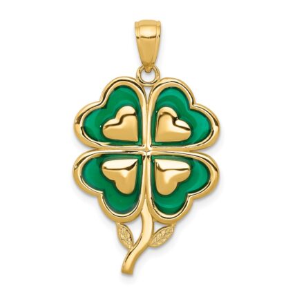 14K 4-Leaf Clover Pendant with Green Enameled Tips Pendant