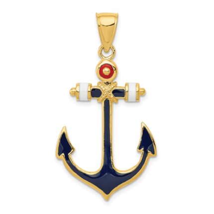 14K 2-D Red White and Blue Enameled Anchor Pendant