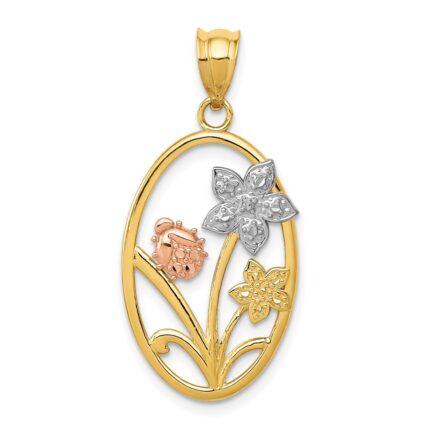 14k Two-tone with White Rhodium Diamond-cut Oval Floral Pendant