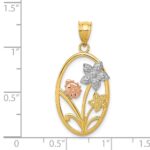 14k Two-tone with White Rhodium Diamond-cut Oval Floral Pendant - Image 3