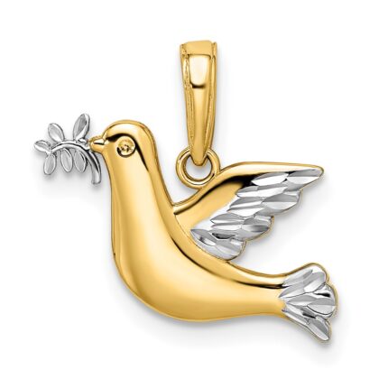 14k and White Rhodium Polished Diamond-cut Dove Charm