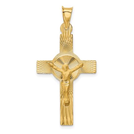 14k Polished Satin and Diamond-cut Crucifix Pendant
