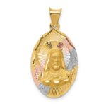 14K with Rose and White Rhodium Diamond-cut Solid Sagrado Corazon de Jesus Oval Pendant