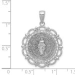 14K White Gold Polished Solid Large Miraculous Medal With Scallop Frame Round Pendant - Image 4
