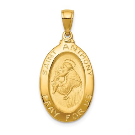 14k Polished and Satin Hollow Saint Anthony Oval Medal Pendant