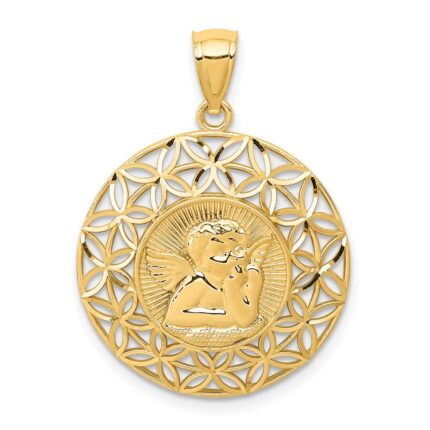 14k Polished Diamond-cut Angel Medal Round Pendant