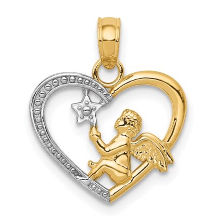 14K and White Rhodium Angel in Heart with Star Pendant