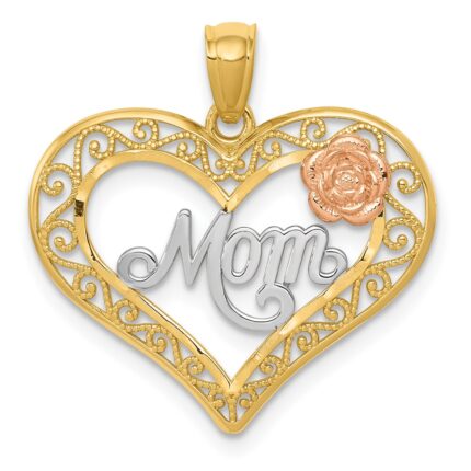 14k Two-tone with White Rhodium Diamond-cut MOM in Heart with Rose Pendant