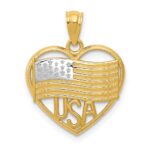 14k and White Rhodium Polished American Flag USA in Heart Pendant