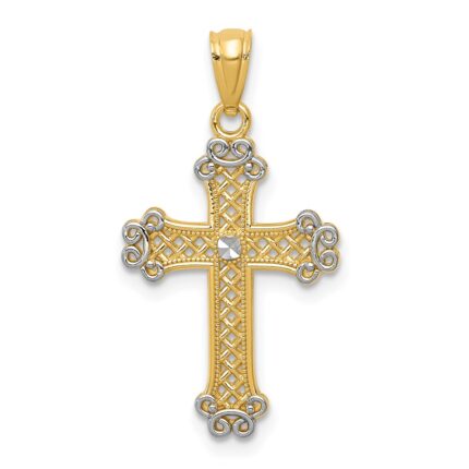 14k with White Rhodium Diamond-cut Filigree Cross Pendant